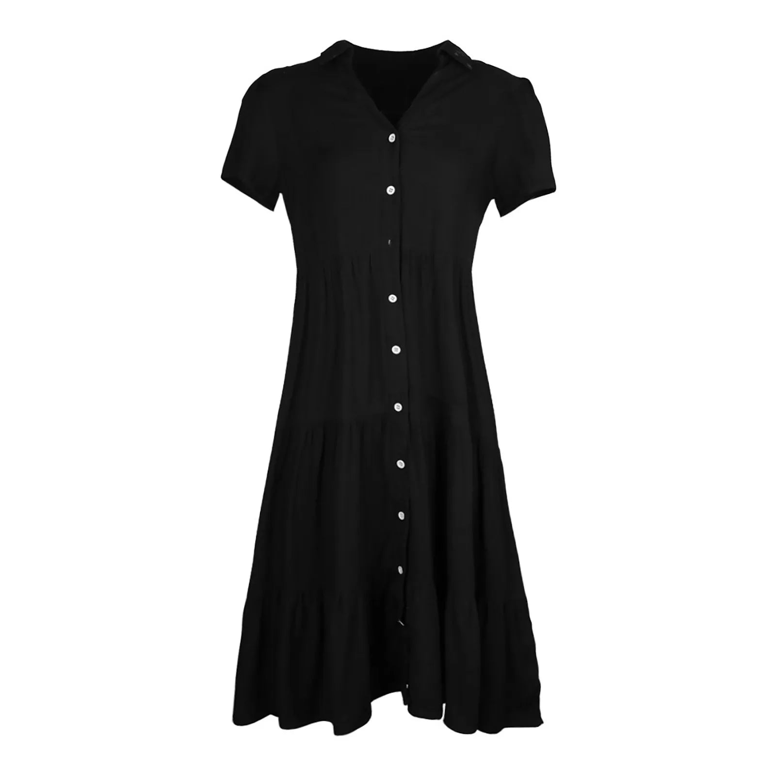 V-Neck Collar Button Front Tiered Midi Shirt Dress