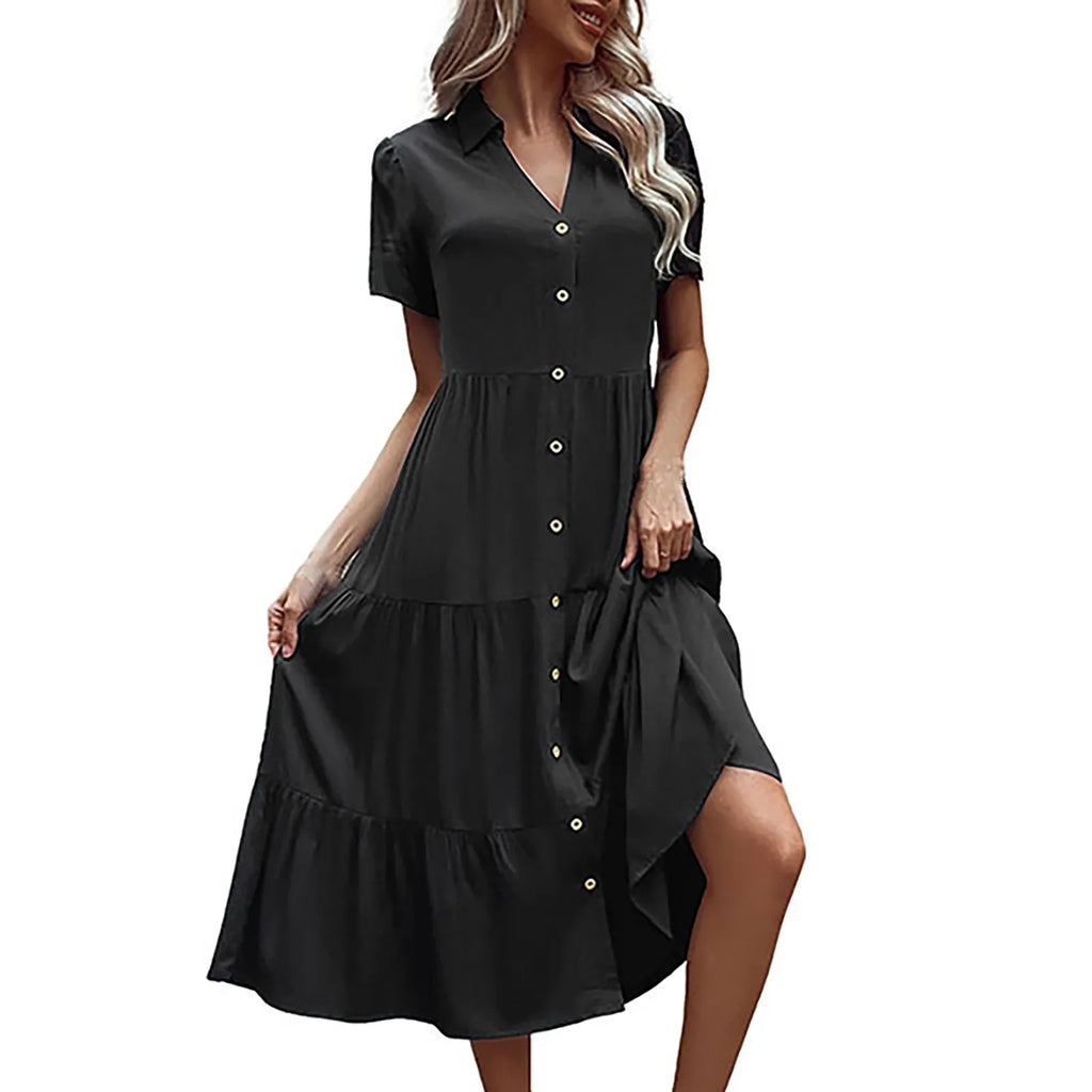 V-Neck Collar Button Front Tiered Midi Shirt Dress