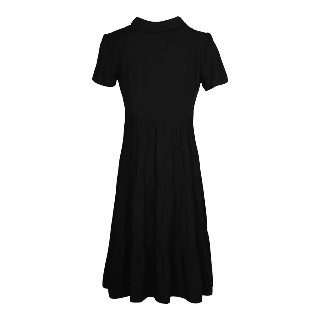 V-Neck Collar Button Front Tiered Midi Shirt Dress