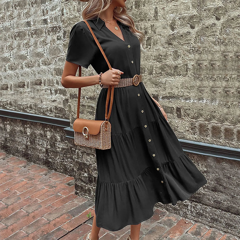V-Neck Collar Button Front Tiered Midi Shirt Dress