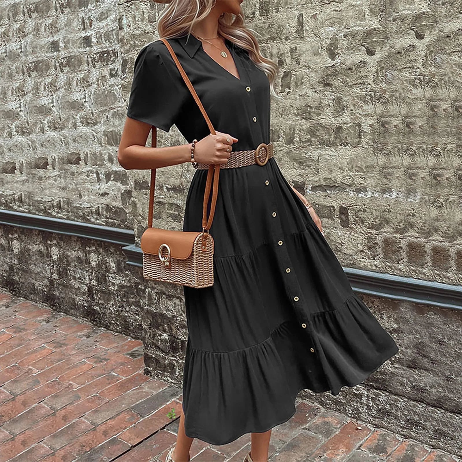 V-Neck Collar Button Front Tiered Midi Shirt Dress