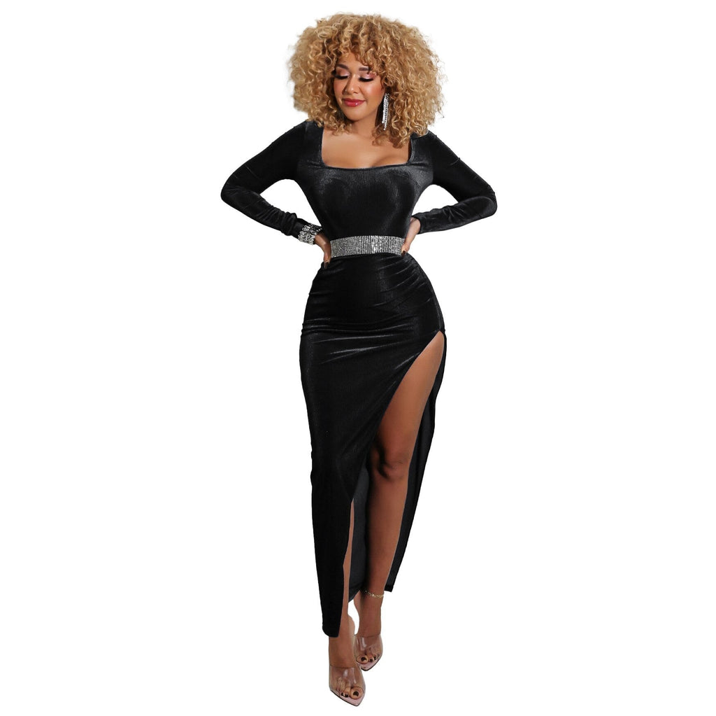 Square Neck Ruched Waist High Slit Long Sleeve Maxi Dress