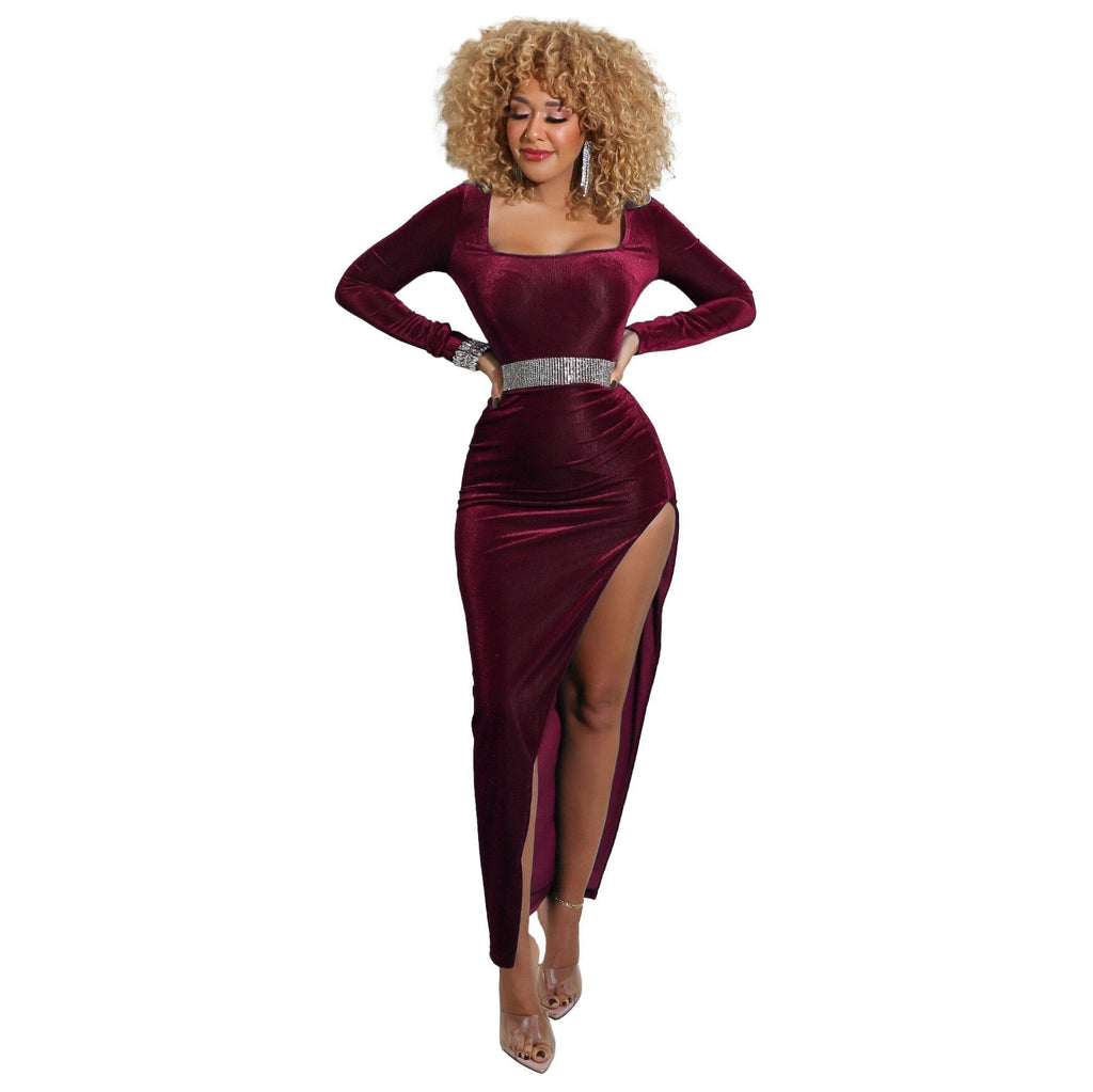 Square Neck Ruched Waist High Slit Long Sleeve Maxi Dress
