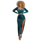 Square Neck Ruched Waist High Slit Long Sleeve Maxi Dress