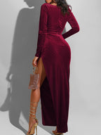 Square Neck Ruched Waist High Slit Long Sleeve Maxi Dress