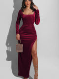 Square Neck Ruched Waist High Slit Long Sleeve Maxi Dress