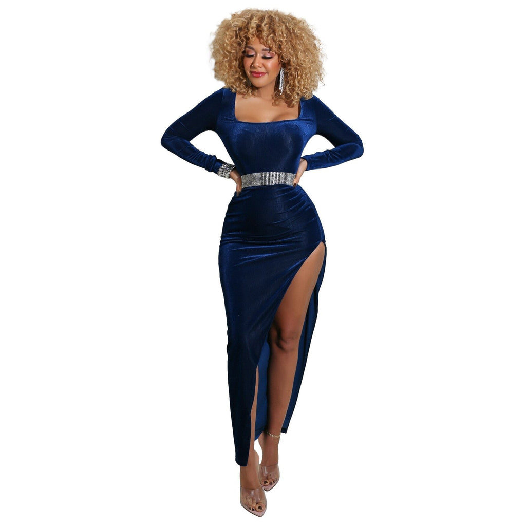 Square Neck Ruched Waist High Slit Long Sleeve Maxi Dress
