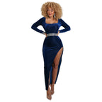 Square Neck Ruched Waist High Slit Long Sleeve Maxi Dress