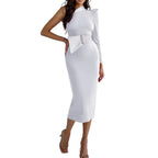 One Shoulder Long Sleeve Buckle Belt Bodycon Midi Dress