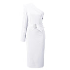 One Shoulder Long Sleeve Buckle Belt Bodycon Midi Dress