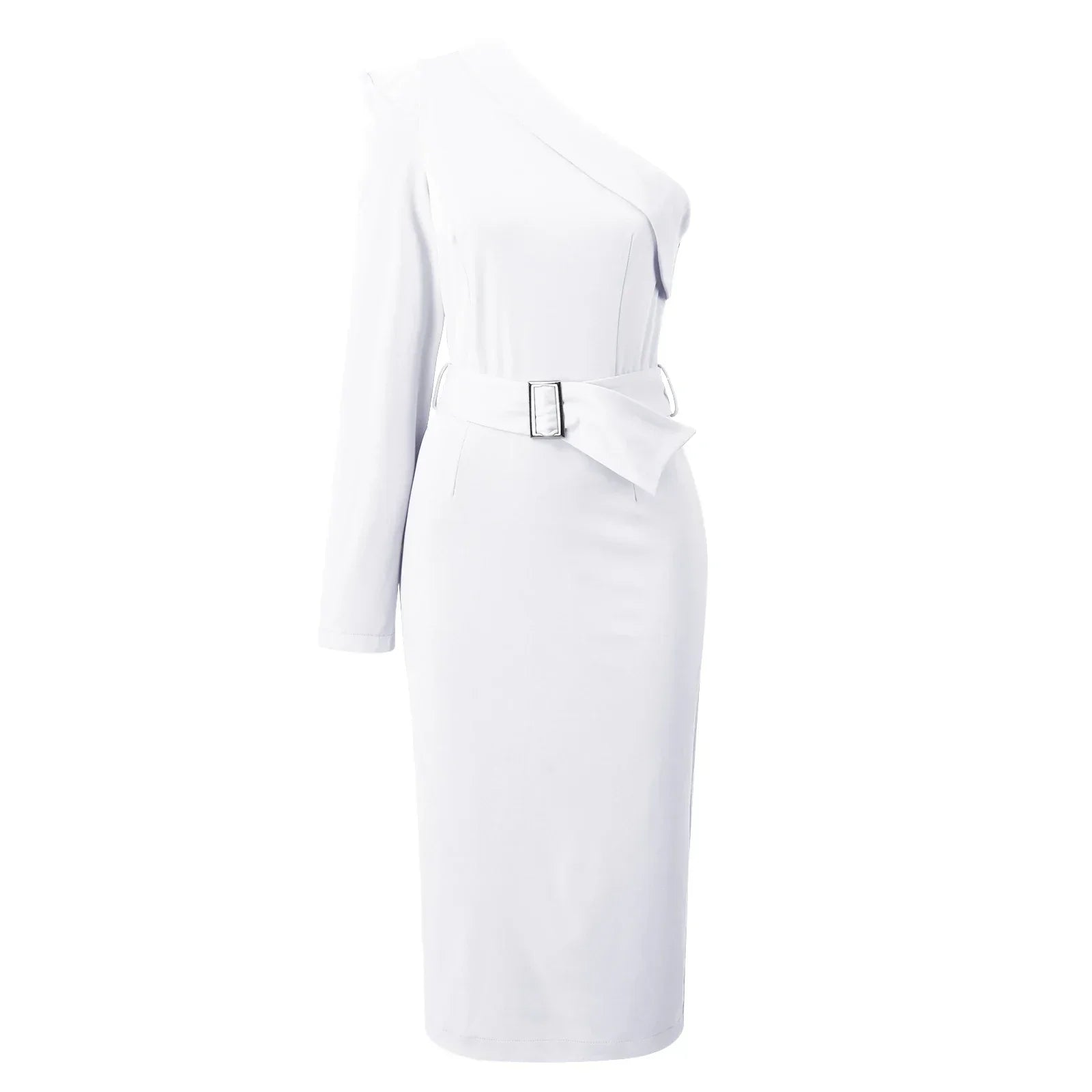 One Shoulder Long Sleeve Buckle Belt Bodycon Midi Dress