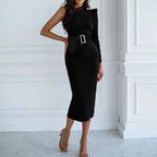 One Shoulder Long Sleeve Buckle Belt Bodycon Midi Dress