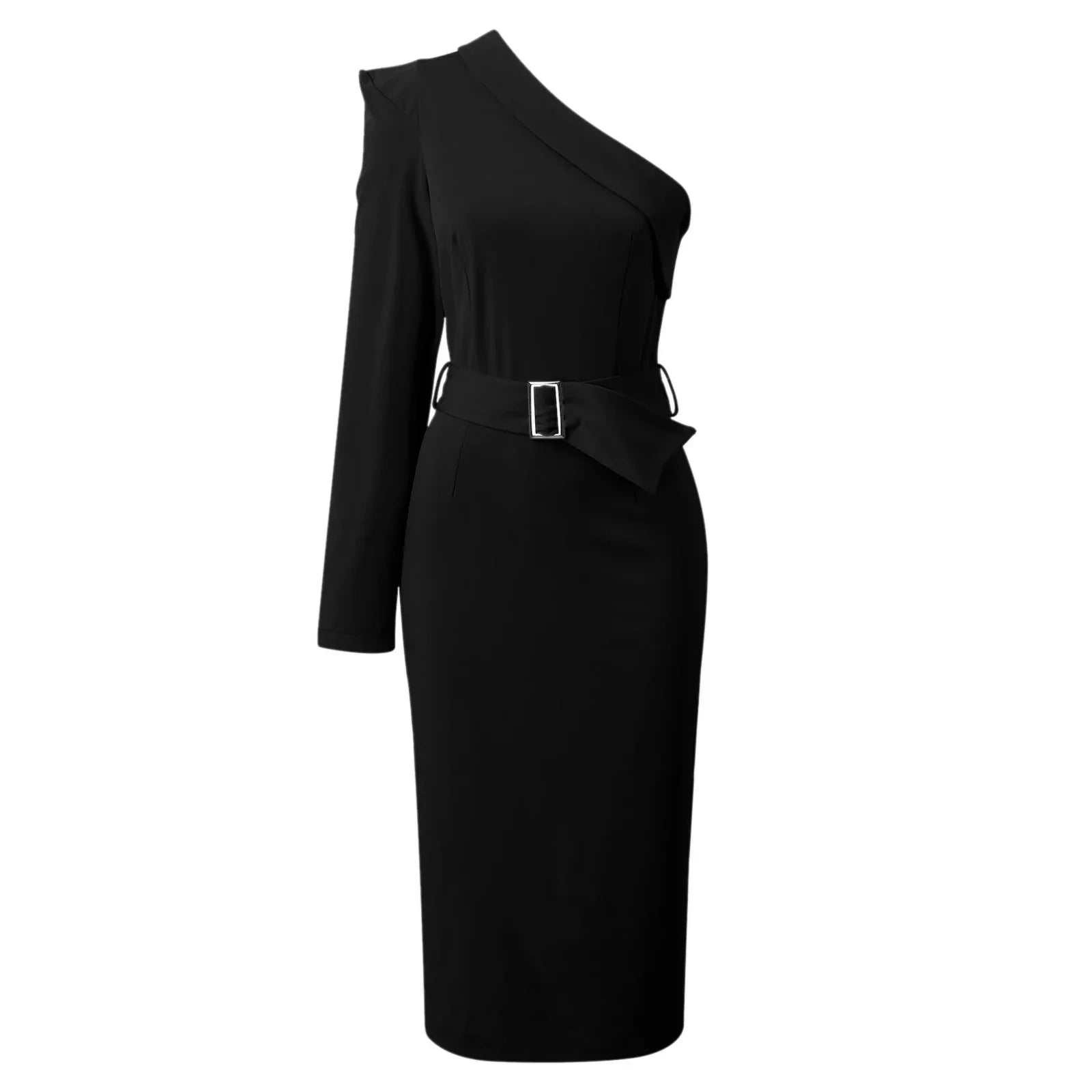One Shoulder Long Sleeve Buckle Belt Bodycon Midi Dress