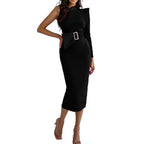 One Shoulder Long Sleeve Buckle Belt Bodycon Midi Dress