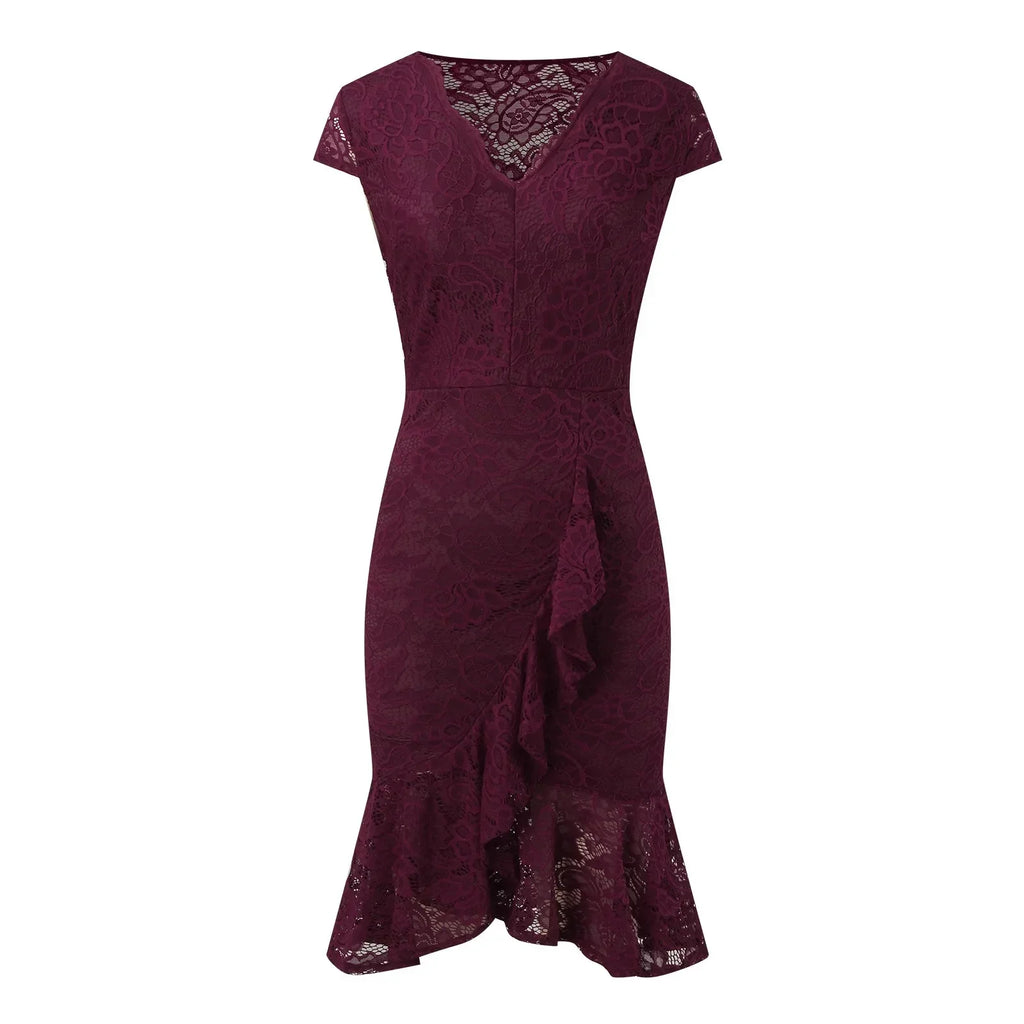 Floral Lace Cap Sleeve V-Neck Ruffle Front Asymmetrical Hem Midi Dress
