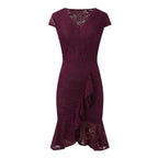 Floral Lace Cap Sleeve V-Neck Ruffle Front Asymmetrical Hem Midi Dress