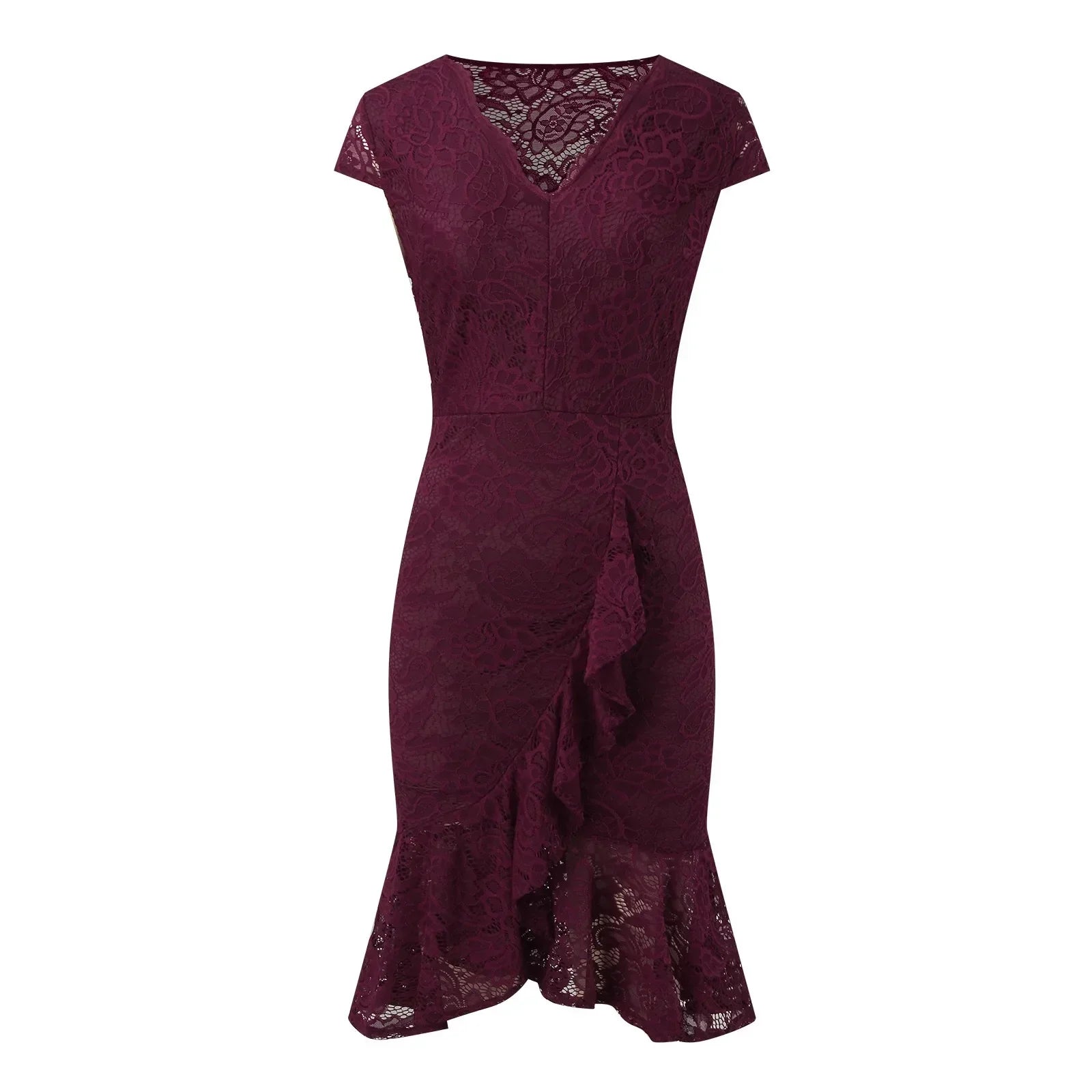 Floral Lace Cap Sleeve V-Neck Ruffle Front Asymmetrical Hem Midi Dress