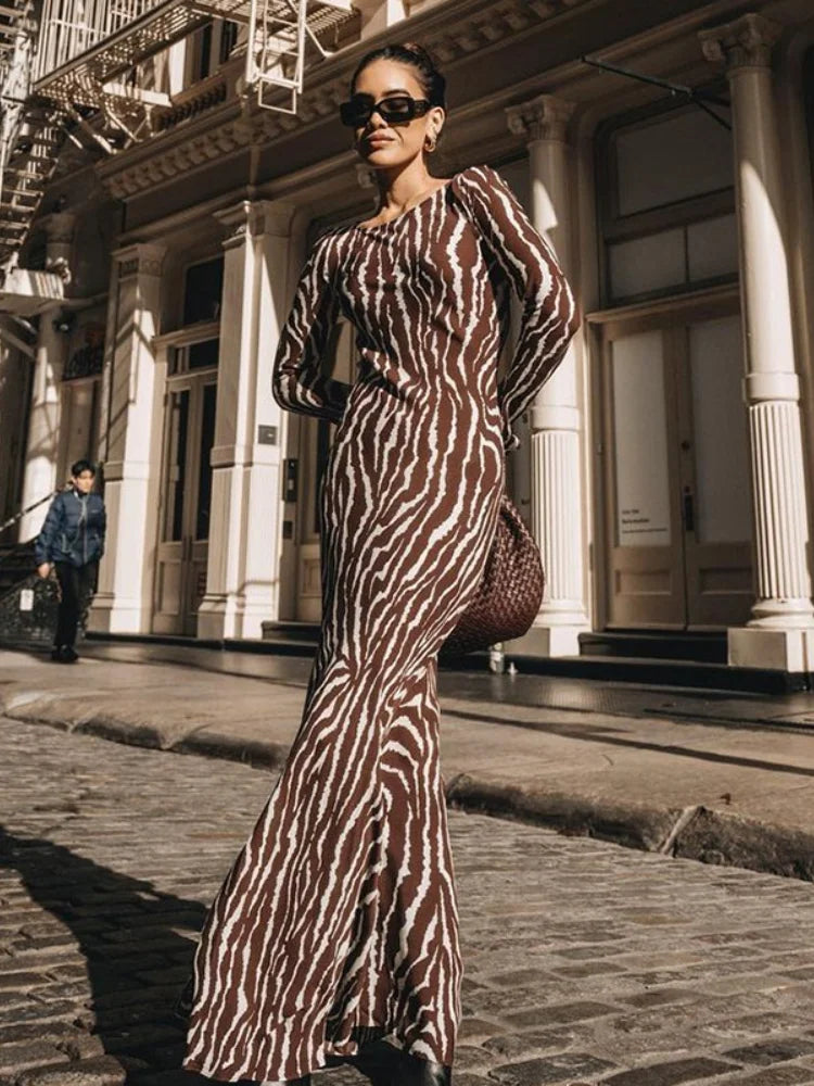 Zebra Print Crew Neck Bell Sleeve Bodycon Maxi Dress