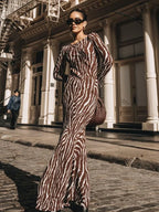 Zebra Print Crew Neck Bell Sleeve Bodycon Maxi Dress