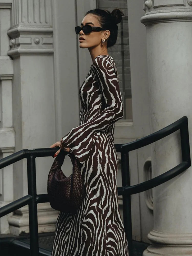 DressBetty - 2024 Vintage Zebra Print Sexy Long Sleeve Party Maxi Dress