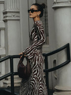 DressBetty - 2024 Vintage Zebra Print Sexy Long Sleeve Party Maxi Dress