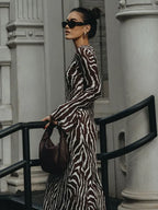 Zebra Print Crew Neck Bell Sleeve Bodycon Maxi Dress