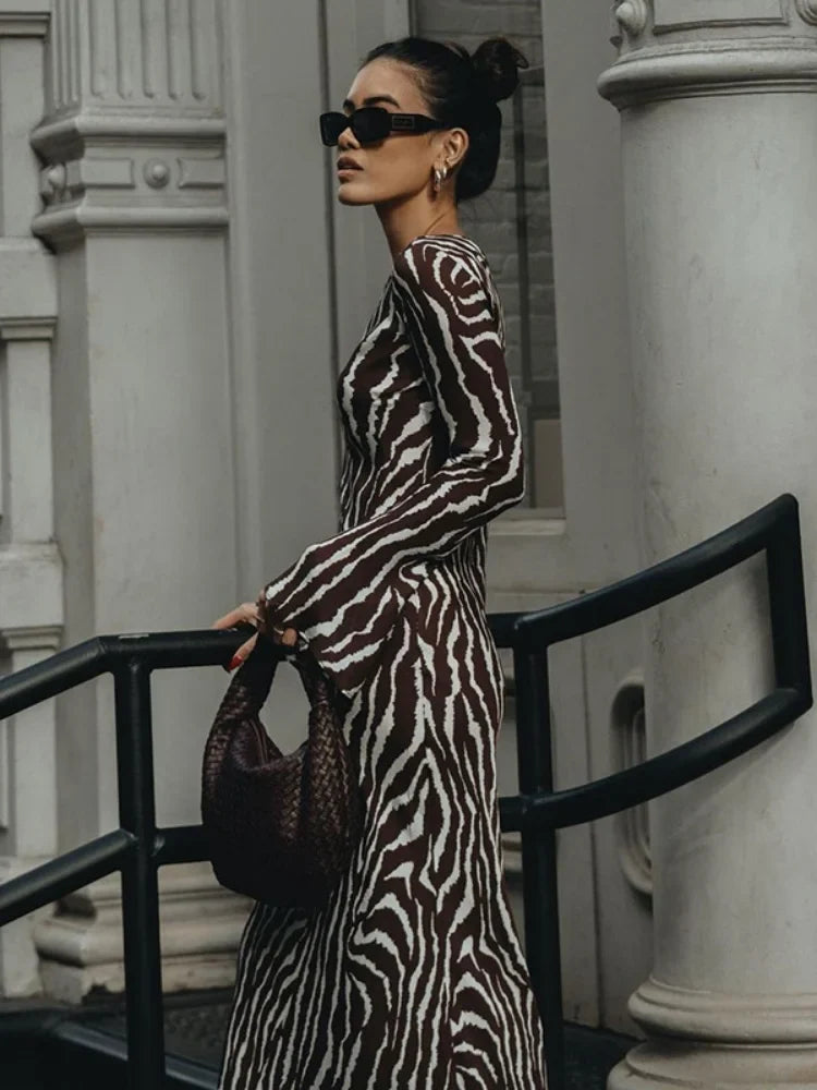Zebra Print Crew Neck Bell Sleeve Bodycon Maxi Dress