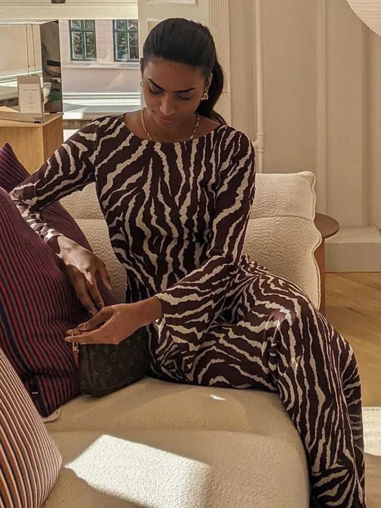 Zebra Print Crew Neck Bell Sleeve Bodycon Maxi Dress