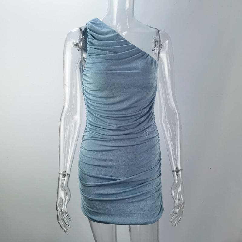 One Shoulder All Over Ruched Bodycon Mini Dress