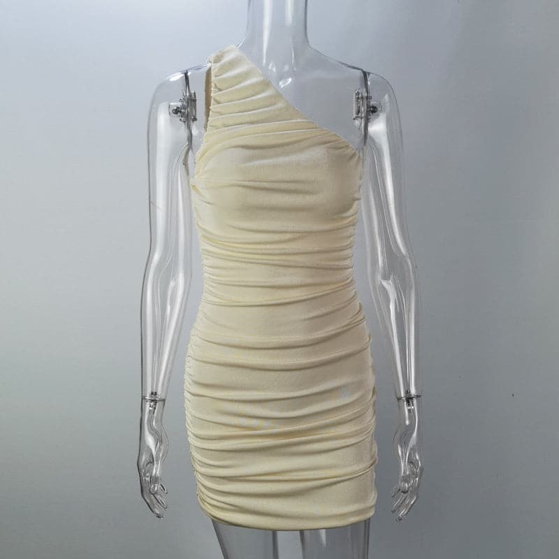 One Shoulder All Over Ruched Bodycon Mini Dress