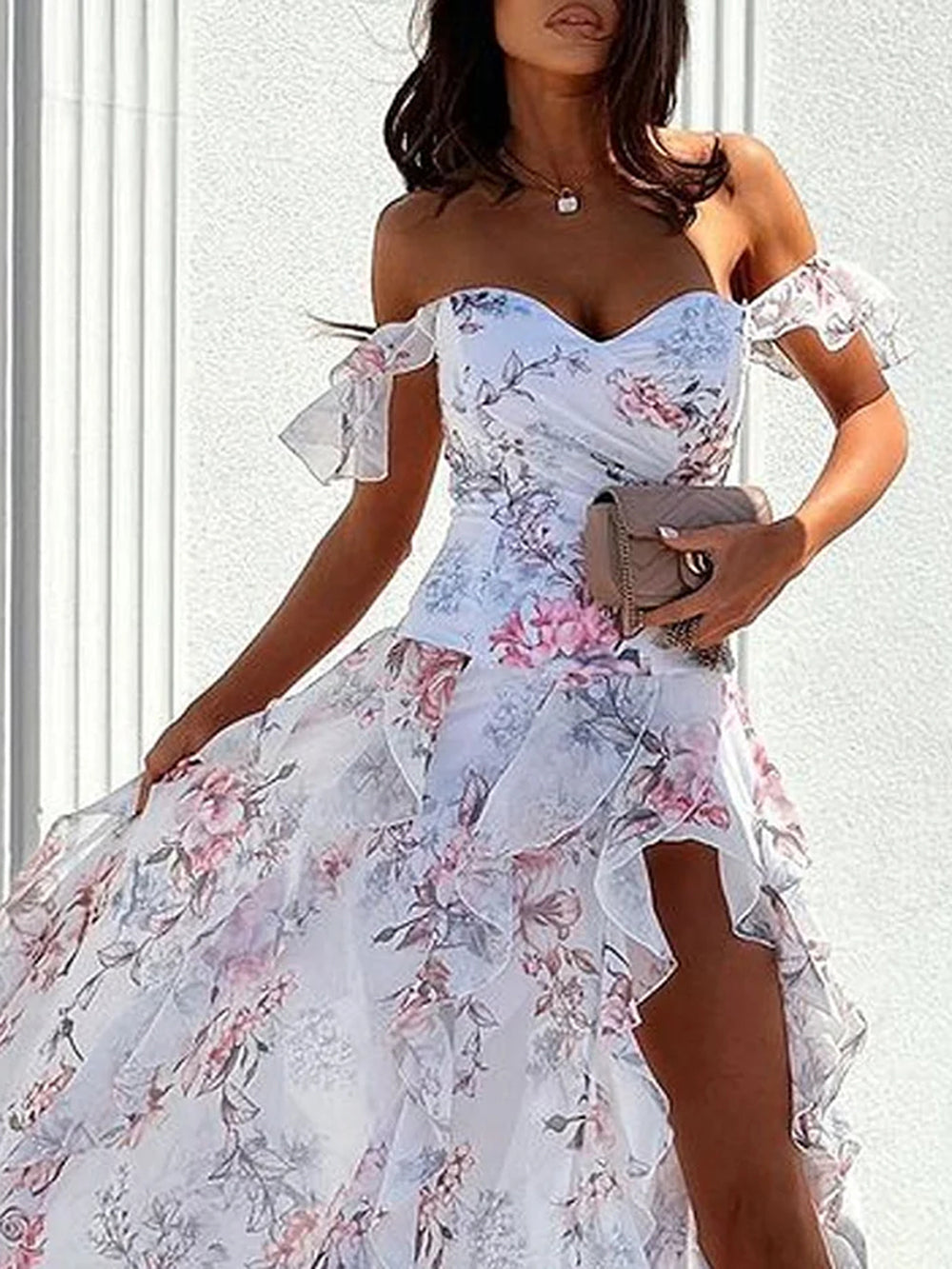 Floral Print Off Shoulder Ruffle Sleeve Tiered Ruffle High Split Maxi Dress