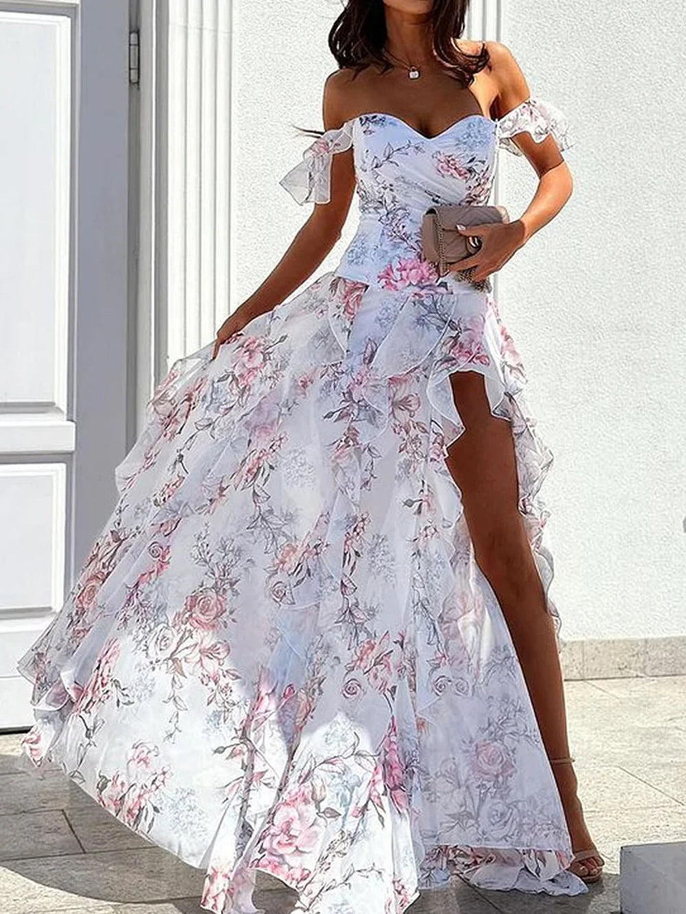 Floral Print Off Shoulder Ruffle Sleeve Tiered Ruffle High Split Maxi Dress