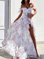 Floral Print Off Shoulder Ruffle Sleeve Tiered Ruffle High Split Maxi Dress