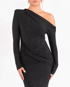 Glitter One Shoulder Twist Waist Ruched Long Sleeve Maxi Dress
