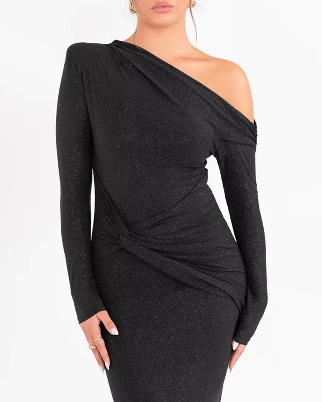 Glitter One Shoulder Twist Waist Ruched Long Sleeve Maxi Dress