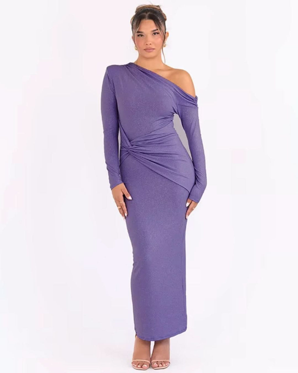 Glitter One Shoulder Twist Waist Ruched Long Sleeve Maxi Dress