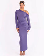 Glitter One Shoulder Twist Waist Ruched Long Sleeve Maxi Dress
