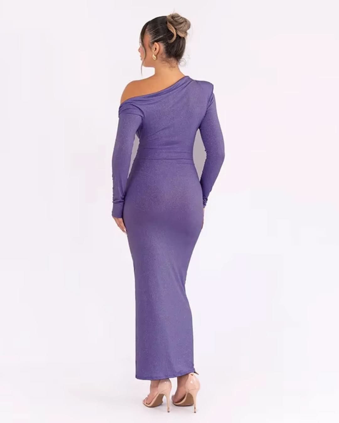 Glitter One Shoulder Twist Waist Ruched Long Sleeve Maxi Dress