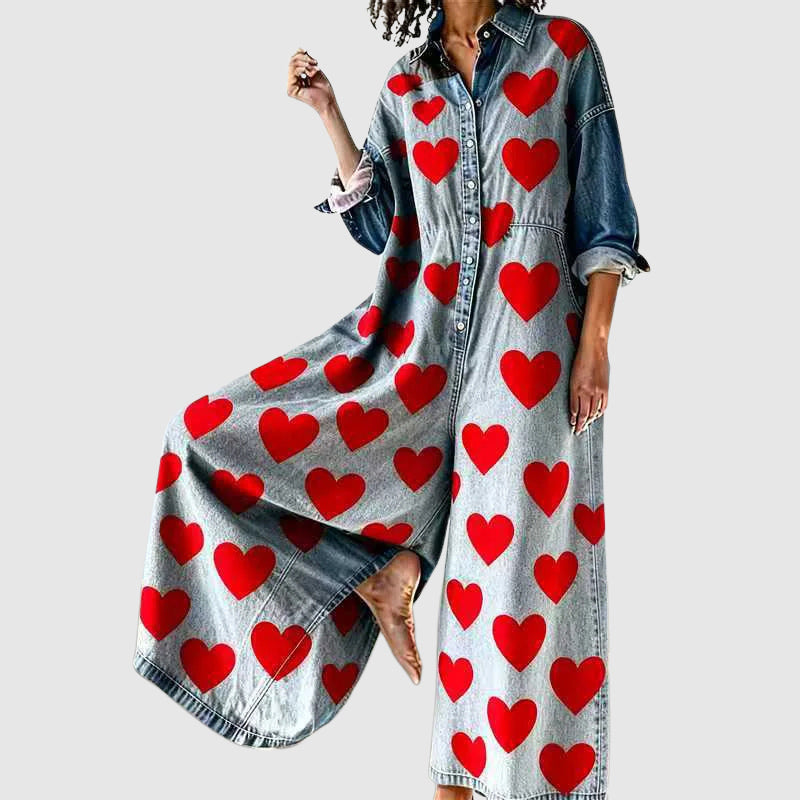 Elise Leroy Heart Print Denim Jumpsuit