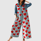Elise Leroy Heart Print Denim Jumpsuit