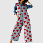 Elise Leroy Heart Print Denim Jumpsuit
