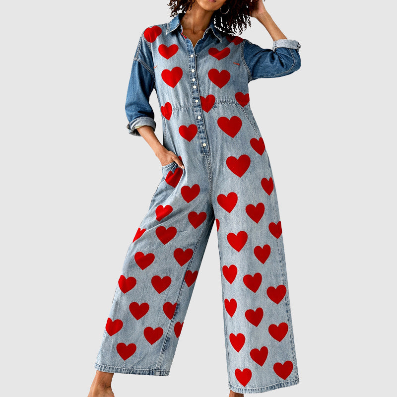 Elise Leroy Heart Print Denim Jumpsuit