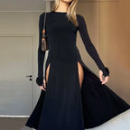 Long Sleeve Round Neck Double High Split Floral Applique Cuff Midi Dress