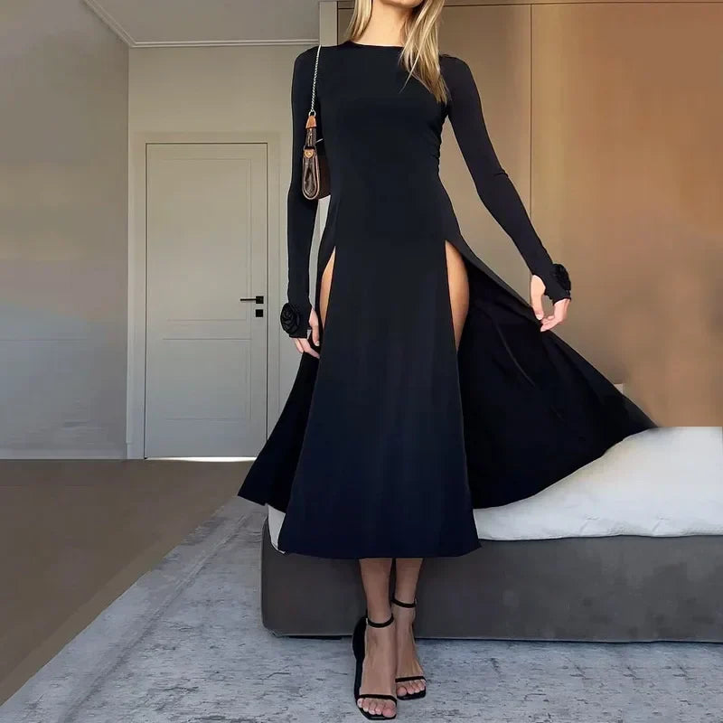 Long Sleeve Round Neck Double High Split Floral Applique Cuff Midi Dress