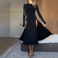 Long Sleeve Round Neck Double High Split Floral Applique Cuff Midi Dress