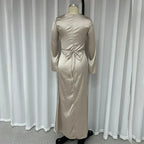 Satin Cowl Neck Long Sleeve Flared Cuff Bodycon Column Maxi Gown