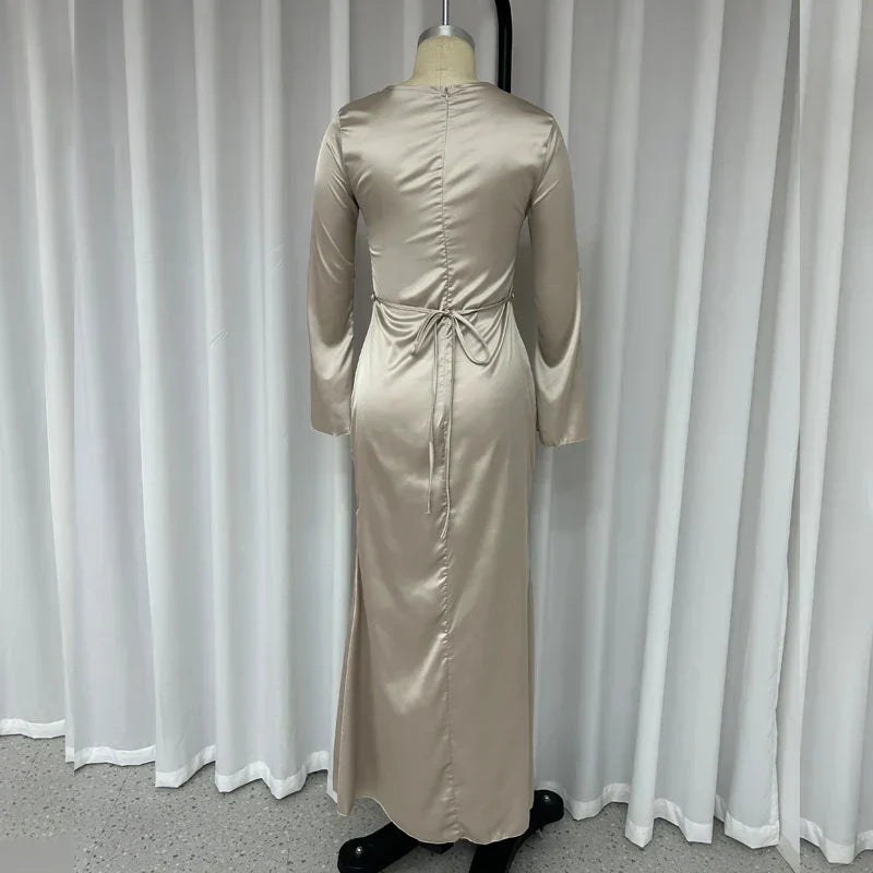 Satin Cowl Neck Long Sleeve Flared Cuff Bodycon Column Maxi Gown