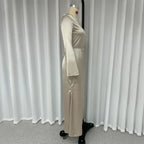 Satin Cowl Neck Long Sleeve Flared Cuff Bodycon Column Maxi Gown