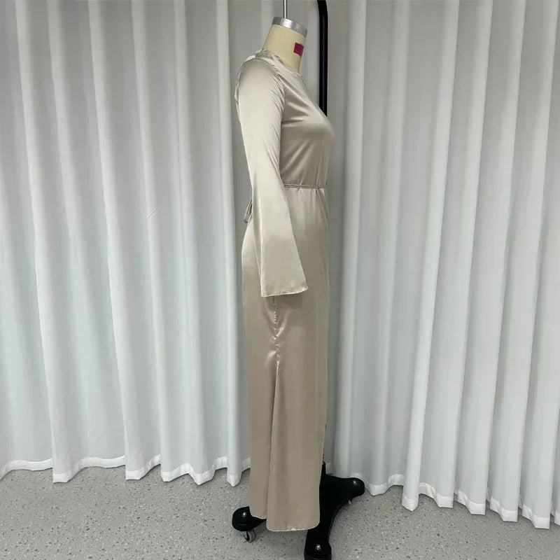 Satin Cowl Neck Long Sleeve Flared Cuff Bodycon Column Maxi Gown