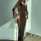 Satin Cowl Neck Long Sleeve Flared Cuff Bodycon Column Maxi Gown